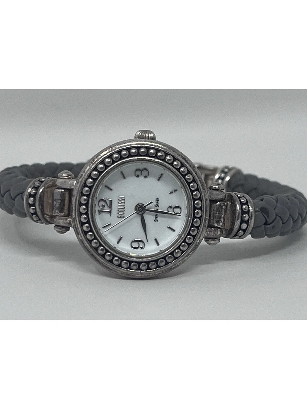 Ecclissi Sterling Silver Quartz Analog Women's Wristwatch Gray Leather Band